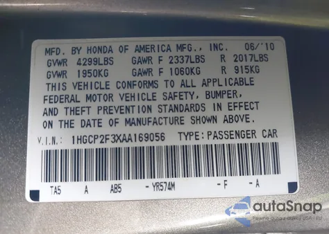 2010 Honda Accord 2.4 Lx from USA, damaged, VIN 1HGCP2F3XAA169056